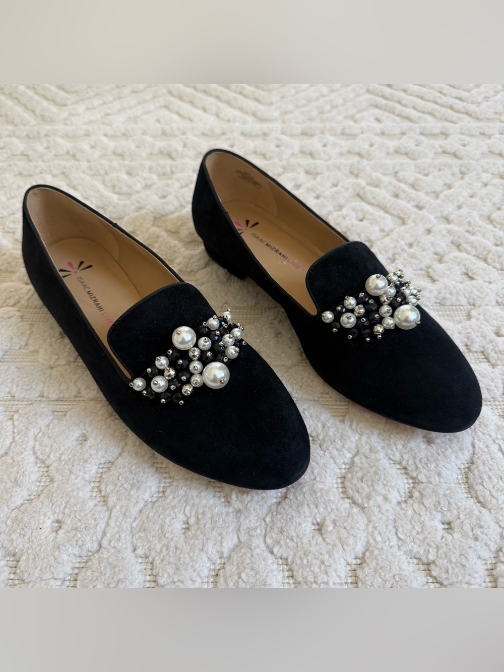 Isaac Mizrahi Live Black Velvet Jeweled Pearl Loafers Flats Size 11 preppy chic